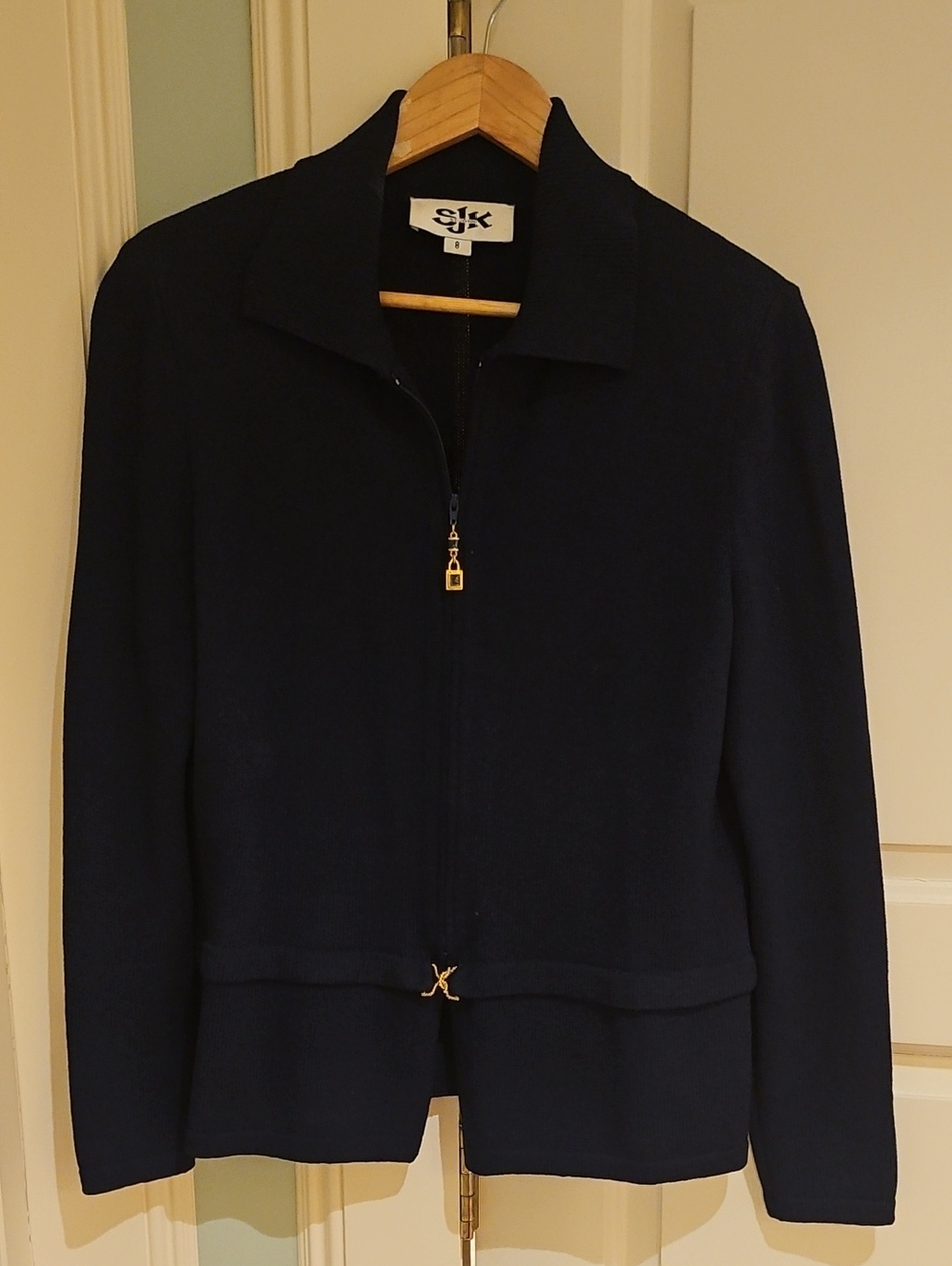 St. John Navy Zip-Front Knit Blazer with Gold Hardware